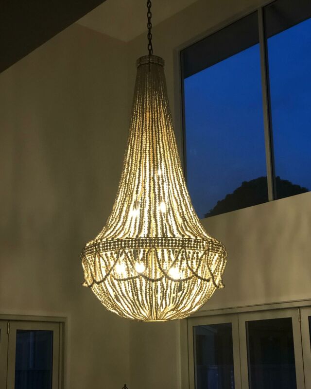 Recent pendant light installation, for a great customer in Wellington Point. A hand-made bead pendant light from South Africa. Great addition to the 5.9m void ceiling.